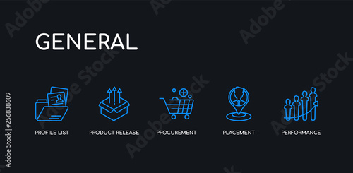 5 outline stroke blue performance, placement, procurement, product release, profile list icons from general collection on black background. line editable linear thin icons.