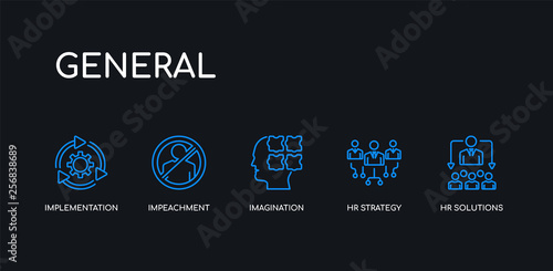5 outline stroke blue hr solutions, hr strategy, imagination, impeachment, implementation icons from general collection on black background. line editable linear thin icons.