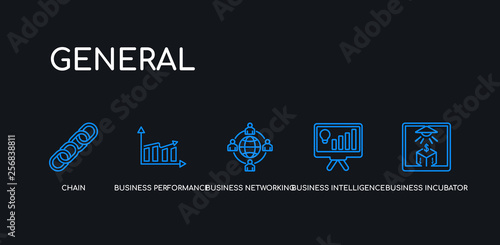 5 outline stroke blue business incubator, business intelligence, business networking, performance, chain icons from general collection on black background. line editable linear thin icons.