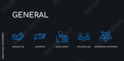 5 outline stroke blue advertising networks, affiliate link, agent script, agitation, annual fee icons from general collection on black background. line editable linear thin icons.