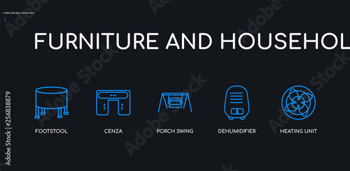 5 outline stroke blue heating unit, dehumidifier, porch swing, cenza, footstool icons from furniture and household collection on black background. line editable linear thin icons.