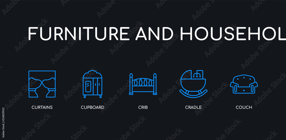 5 outline stroke blue couch, cradle, crib, cupboard, curtains icons from furniture and household collection on black background. line editable linear thin icons.