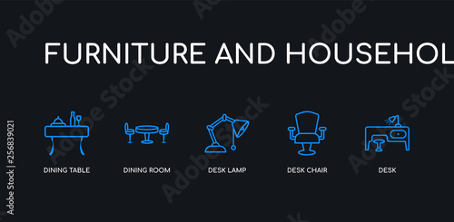 5 outline stroke blue desk, desk chair, desk lamp, dining room, dining table icons from furniture and household collection on black background. line editable linear thin icons.