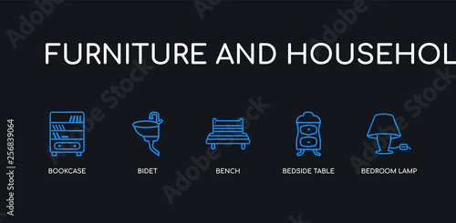 5 outline stroke blue bedroom lamp, bedside table, bench, bidet, bookcase icons from furniture and household collection on black background. line editable linear thin icons.
