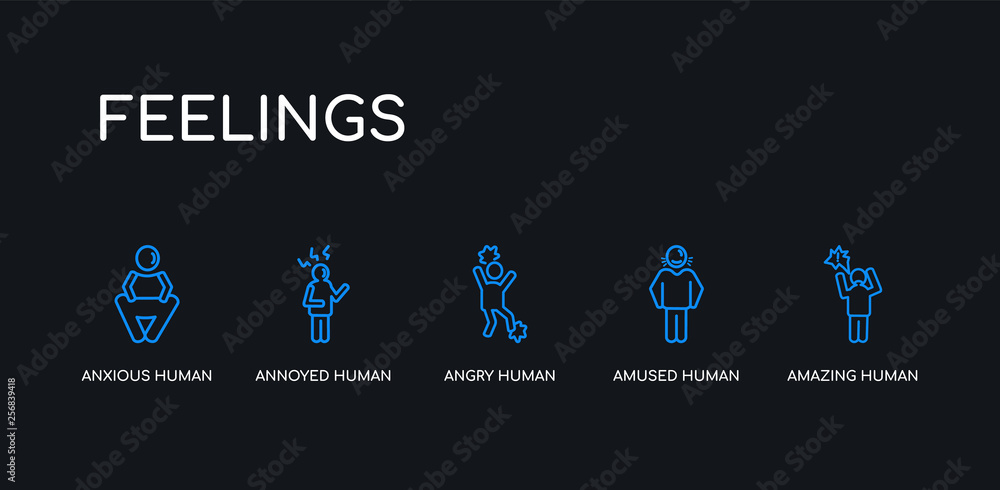 5 outline stroke blue amazing human, amused human, angry human, annoyed anxious icons from feelings collection on black background. line editable linear thin icons.