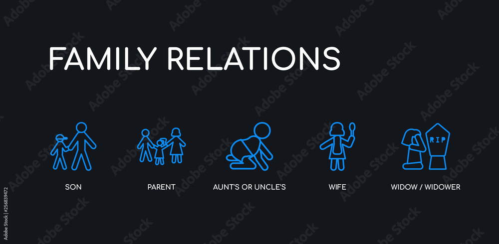5 outline stroke blue widow / widower, wife, aunt's or uncle's child, parent, son icons from family relations collection on black background. line editable linear thin icons.