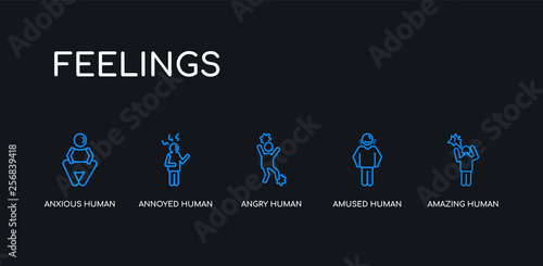 5 outline stroke blue amazing human, amused human, angry human, annoyed anxious icons from feelings collection on black background. line editable linear thin icons.