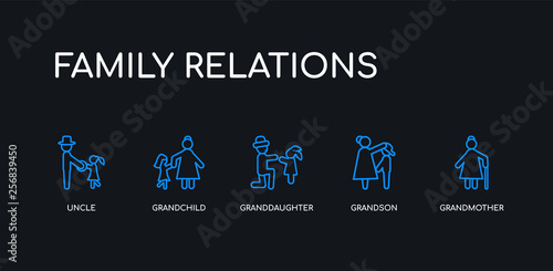 5 outline stroke blue grandmother, grandson, granddaughter, grandchild, uncle icons from family relations collection on black background. line editable linear thin icons.