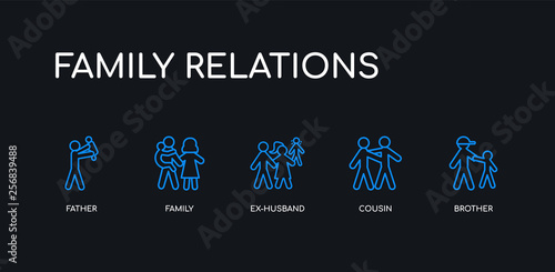 5 outline stroke blue brother, cousin, ex-husband, family, father icons from family relations collection on black background. line editable linear thin icons.