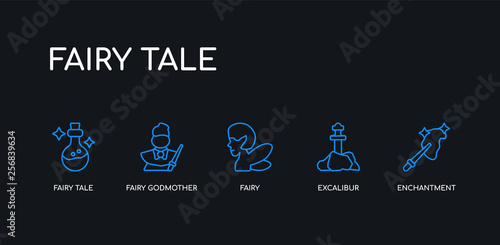 5 outline stroke blue enchantment, excalibur, fairy, fairy godmother, fairy tale icons from tale collection on black background. line editable linear thin icons.