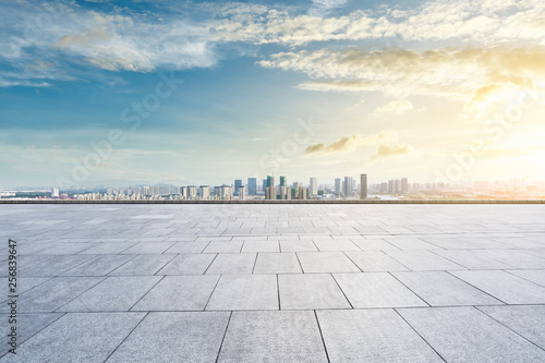 Panoramic city skyline and buildings with empty square floor in Shanghai,high angle view