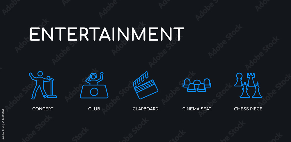 5 outline stroke blue chess piece, cinema seat, clapboard, club, concert icons from entertainment collection on black background. line editable linear thin icons. 5 outline stroke blue chess piece, cinema seat, clapboard, club, concert icons from entertainment collection on black background. line editable linear thin icons.