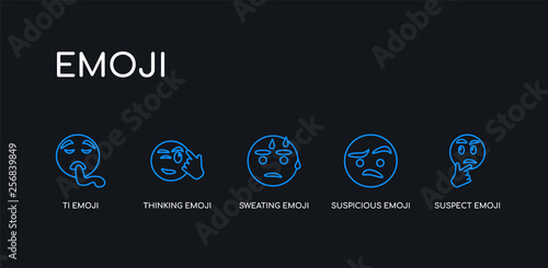 5 outline stroke blue suspect emoji, suspicious emoji, sweating emoji, thinking ti icons from collection on black background. line editable linear thin icons.