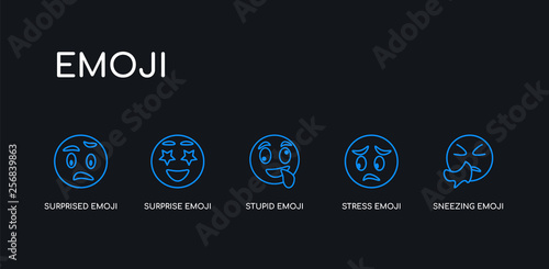 5 outline stroke blue sneezing emoji, stress emoji, stupid emoji, surprise surprised icons from collection on black background. line editable linear thin icons.
