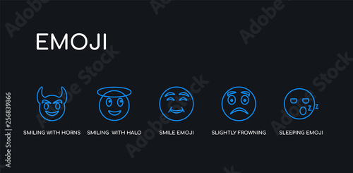 5 outline stroke blue sleeping emoji, slightly frowning emoji, smile emoji, smiling  with halo smiling with horns icons from collection on black background. line editable linear thin icons.
