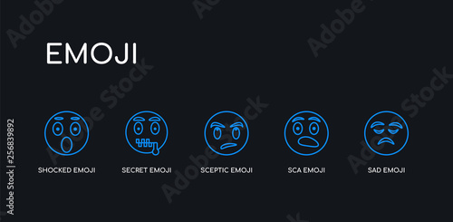 5 outline stroke blue sad emoji, sca emoji, sceptic emoji, secret shocked icons from collection on black background. line editable linear thin icons.