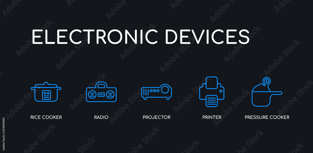 5 outline stroke blue pressure cooker, printer, projector, radio, rice cooker icons from electronic devices collection on black background. line editable linear thin icons. 5 outline stroke blue pressure cooker, printer, projector, radio, rice cooker icons from electronic devices collection on black background. line editable linear thin icons.