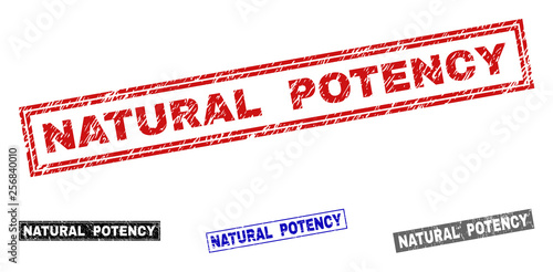 Grunge NATURAL POTENCY rectangle stamp seals isolated on a white background. Rectangular seals with distress texture in red, blue, black and grey colors.