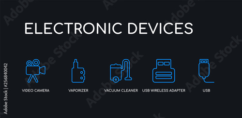 5 outline stroke blue usb, usb wireless adapter, vacuum cleaner, vaporizer, video camera icons from electronic devices collection on black background. line editable linear thin icons.