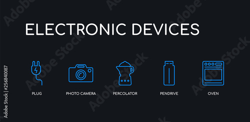 5 outline stroke blue oven, pendrive, percolator, photo camera, plug icons from electronic devices collection on black background. line editable linear thin icons.