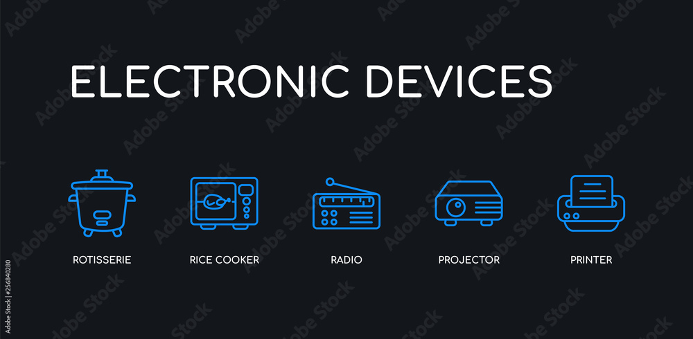 Φωτογραφία 5 outline stroke blue printer, projector, radio, rice cooker, rotisserie icons from electronic devices collection on black background