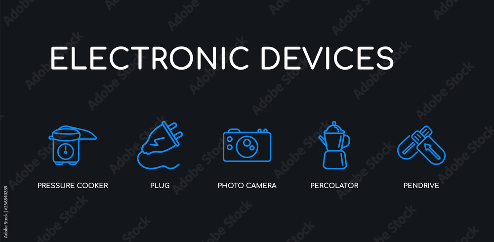 Obraz premium 5 outline stroke blue pendrive, percolator, photo camera, plug, pressure cooker icons from electronic devices collection on black background. line editable linear thin icons.
