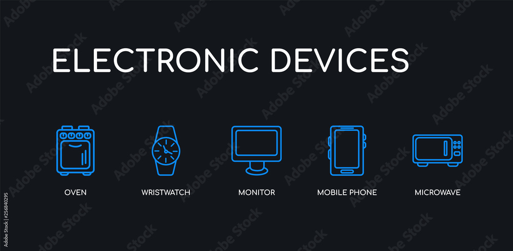 Φωτογραφία 5 outline stroke blue microwave, mobile phone, monitor, wristwatch, oven icons from electronic devices collection on black background