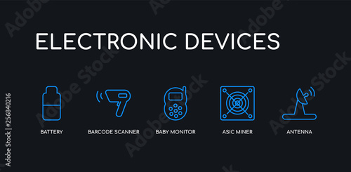 5 outline stroke blue antenna, asic miner, baby monitor, barcode scanner, battery icons from electronic devices collection on black background. line editable linear thin icons.