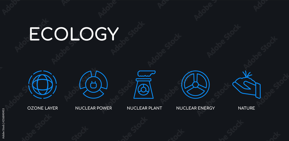5 outline stroke blue nature, nuclear energy, nuclear plant, nuclear power, ozone layer icons from ecology collection on black background. line editable linear thin icons.