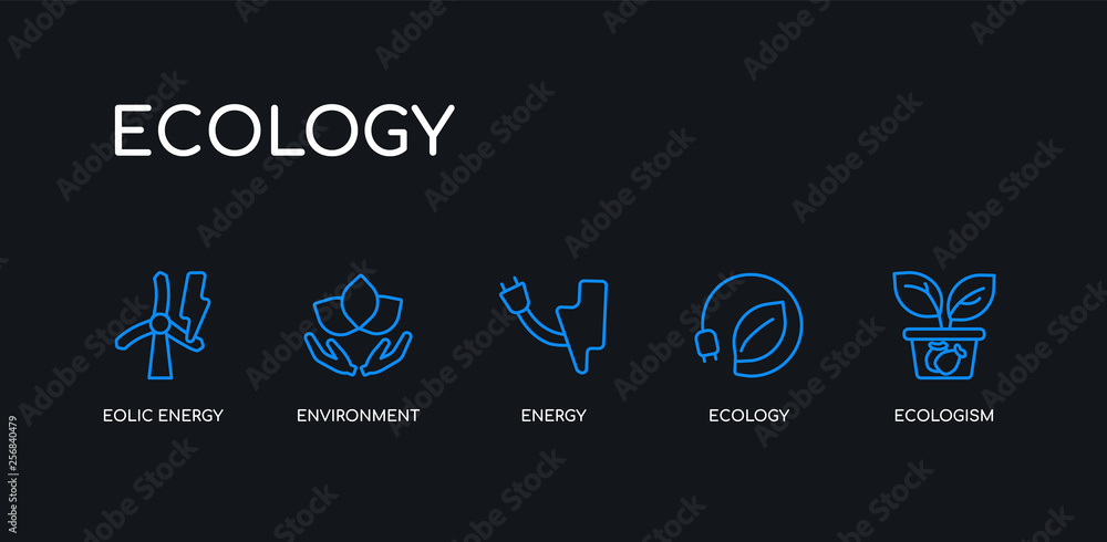 5 outline stroke blue ecologism, ecology, energy, environment, eolic energy icons from ecology collection on black background. line editable linear thin icons.