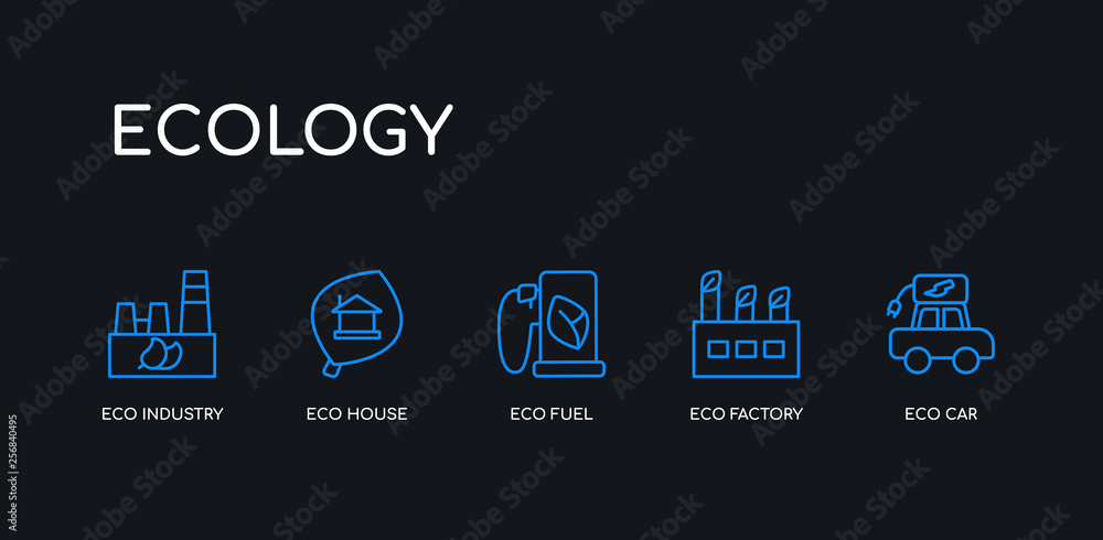 5 outline stroke blue eco car, eco factory, eco fuel, house, industry icons from ecology collection on black background. line editable linear thin icons.