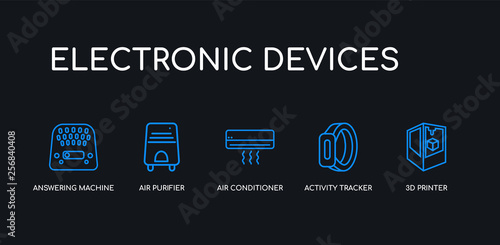5 outline stroke blue 3d printer, activity tracker, air conditioner, air purifier, answering machine icons from electronic devices collection on black background. line editable linear thin icons.
