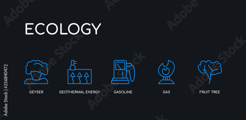 5 outline stroke blue fruit tree, gas, gasoline, geothermal energy, geyser icons from ecology collection on black background. line editable linear thin icons.