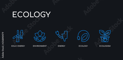 5 outline stroke blue ecologism, ecology, energy, environment, eolic energy icons from ecology collection on black background. line editable linear thin icons.