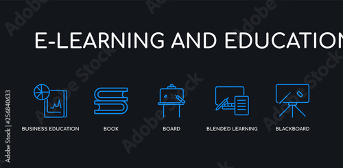 5 outline stroke blue blackboard, blended learning, board, book, business education icons from e-learning and education collection on black background. line editable linear thin icons.