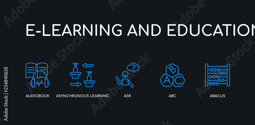5 outline stroke blue abacus, abc, ask, asynchronous learning, audiobook icons from e-learning and education collection on black background. line editable linear thin icons.