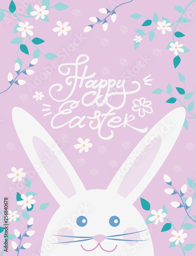 Easter postcard with cute Easter bunny, flowers, and verba, vector illustration. Happy Easter!