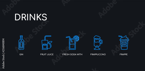 5 outline stroke blue frappe, frappuccino, fresh soda with lemon slice and straw, fruit juice, gin icons from drinks collection on black background. line editable linear thin icons.