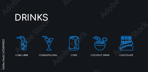 5 outline stroke blue chocolate, coconut drink, coke, cosmopolitan, cuba libre icons from drinks collection on black background. line editable linear thin icons.
