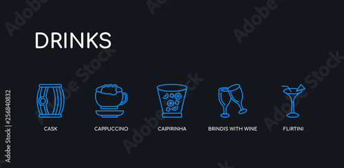 5 outline stroke blue flirtini, brindis with wine glasses, caipirinha, cappuccino, cask icons from drinks collection on black background. line editable linear thin icons.