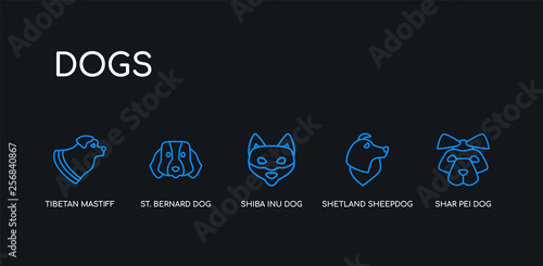 Canvas Print 5 outline stroke blue shar pei dog, shetland sheepdog dog, shiba inu dog, st