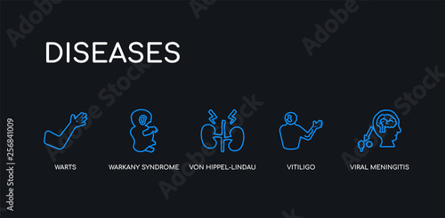 5 outline stroke blue viral meningitis, vitiligo, von hippel-lindau disease, warkany syndrome, warts icons from diseases collection on black background. line editable linear thin icons.
