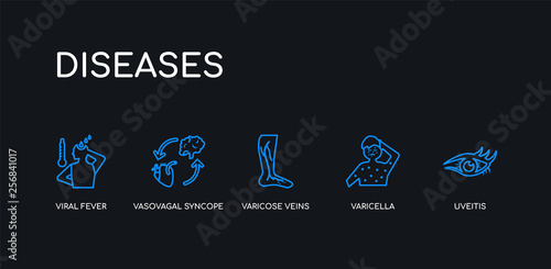 5 outline stroke blue uveitis, varicella, varicose veins, vasovagal syncope, viral fever icons from diseases collection on black background. line editable linear thin icons.