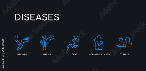 5 outline stroke blue typhus, ulcerative colitis, ulcers, uremia, urticaria icons from diseases collection on black background. line editable linear thin icons.