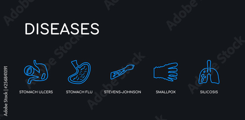 5 outline stroke blue silicosis, smallpox, stevens-johnson syndrome, stomach flu, stomach ulcers icons from diseases collection on black background. line editable linear thin icons. photo
