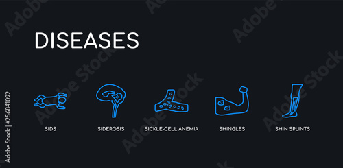 5 outline stroke blue shin splints, shingles, sickle-cell anemia, siderosis, sids icons from diseases collection on black background. line editable linear thin icons.
