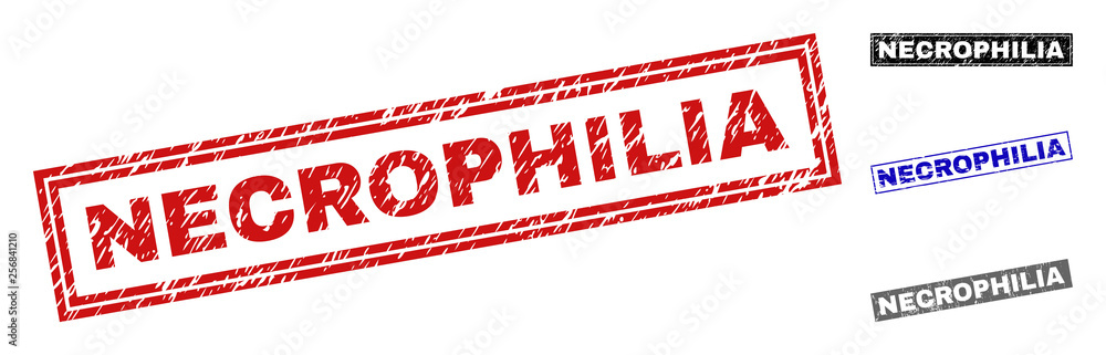 Grunge NECROPHILIA rectangle stamp seals isolated on a white background. Rectangular seals with grunge texture in red, blue, black and grey colors. Grunge NECROPHILIA rectangle stamp seals isolated on a white background. Rectangular seals with grunge texture in red, blue, black and grey colors.