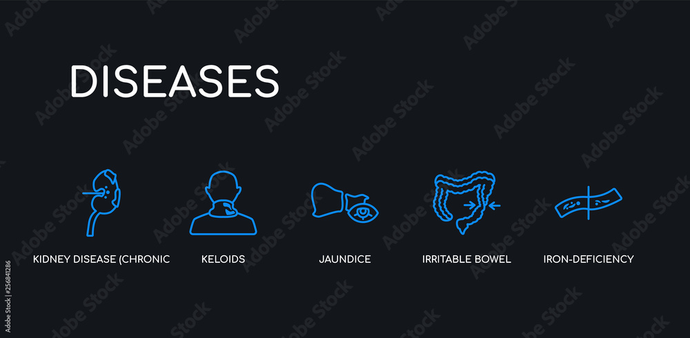 Fototapeta premium 5 outline stroke blue iron-deficiency anemia, irritable bowel syndrome, jaundice, keloids, kidney disease (chronic kidney disease) icons from diseases collection on black background. line editable