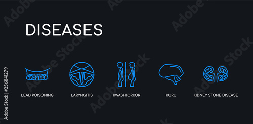 5 outline stroke blue kidney stone disease, kuru, kwashiorkor, laryngitis, lead poisoning icons from diseases collection on black background. line editable linear thin icons.