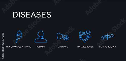 5 outline stroke blue iron-deficiency anemia, irritable bowel syndrome, jaundice, keloids, kidney disease (chronic kidney disease) icons from diseases collection on black background. line editable